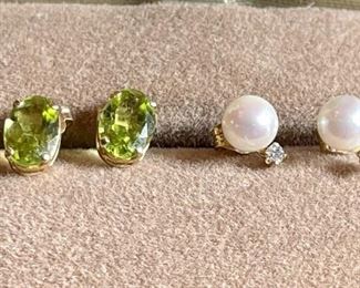 (2) Pairs Of 14k Gold Earrings - (1) Tourmaline And (1) Pearl With Small Diamonds - Weighs 1.6 Grams Total