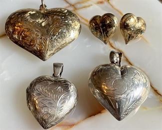 Lot Of Sterling Silver And Gold Washed Sterling Etched Heart Pendants And Post Earrings - Weighs 38.6 Grams