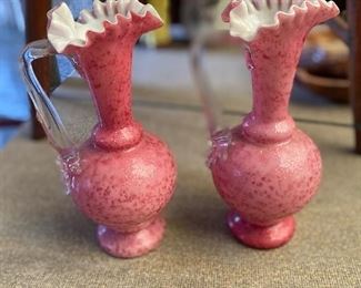 Cranberry glass vases and cups 