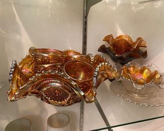 Carnival glass punch bowl with cups