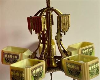 1920's Art Deco Five Arm Slip Shade Light Fixture with lovely metal detailing! In very good vintage condition with some light wear including small chips on the rims of the shades which are not noticeable when they are in place. This lamp is in working condition and is NOT hard wired. 