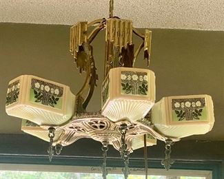 1920's Art Deco Five Arm Slip Shade Light Fixture with lovely metal detailing! In very good vintage condition with some light wear including small chips on the rims of the shades which are not noticeable when they are in place. This lamp is in working condition and is NOT hard wired. 