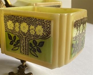 1920's Art Deco Five Arm Slip Shade Light Fixture with lovely metal detailing! In very good vintage condition with some light wear including small chips on the rims of the shades which are not noticeable when they are in place. This lamp is in working condition and is NOT hard wired. 