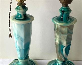 Pair of Gorgeous Aqua Blue Slag Akro Agate Globe Speciality Lamps each measuring about 12". These lamps do NOT have a cord