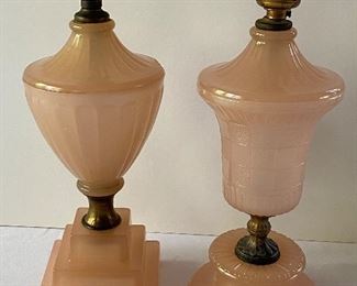 Two Vintage Art Deco Soft Pink or Coralex Vanity Lamps each measuring 13". One has a chip in the rim which is pictured. No electrical component. 