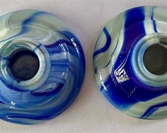 Pair Houze Cobalt Blue Slag Glass Candle Holders in good condition. Measuring about 2.5” 