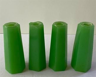 Four Vintage Lamp Jadeite Spacers each measuring 5" with some wear including slight chips in the interior rims where the lamp post is inserted. 