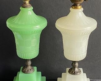 wo Art Deco Houze Lamps; Houze Green Nile Art Deco Lamp & Houze Moonstone Art Deco Lamp. Each lamp measuring 14" and do not have the electrical component. 
