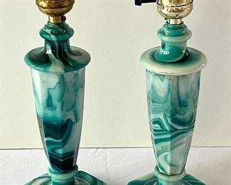 Pair of Globe Speciality Company Aqua Swirl Slag Glass Lamp in absolutely beautiful patterns!  One of these has a chip and these lamps each measure 12" and do not have an electrical component. 
