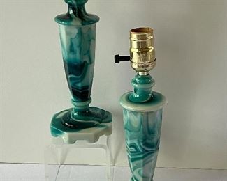 Pair of Globe Speciality Company Aqua Swirl Slag Glass Lamp in absolutely beautiful patterns!  One of these has a chip and these lamps each measure 12" and do not have an electrical component. 