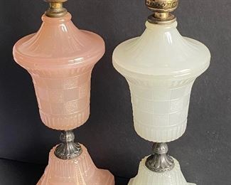 Pair of Houze Art Deco Table Lamps - Houze Art Deco Moonstone Art Deco Lamp and Houze Coralex  Art Deco Table Lamp.

Both are in good condition and measure about 13". These lamps do NOT have the electrical cord.