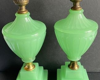 Pair of Art Deco  Houze Jadeite Lamps or Pair of Houze Nile Green Art Deco Lamps each measuring 13" and in good condition. These lamps do NOT have the electrical component. 