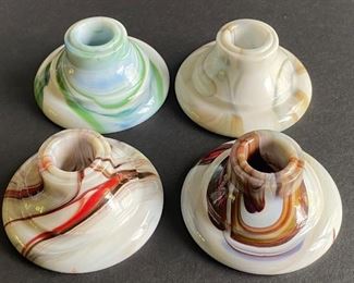 Four Houze Glass Marblex Slag Glass Candle Holders in lovely designs/patterns. Measuring about 2.5” h 