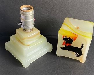 Vintage Art Deco Scotty Dog Cube Lamp. This lamp is in vintage condition and is missing the interior harp and finial, has some slight paint loss and has small chips in the interior of the shade's rim. 