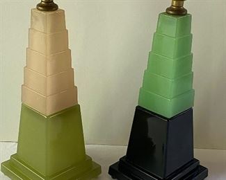 Pair of Unique Multi Colored Houze Glass Art Deco Lamps each measuring 12" and they do NOT have electrical components. 