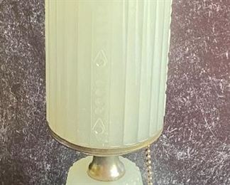 Vintage Art Deco Frosted White Glass Houze Skyscraper Lamp in the hue of Moonstone. In overall good condition with some light wear including paint loss on the design. Measures 12" high and does NOT have the electrical component. 