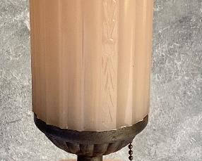 Vintage Houze Art Deco Coralex Skyscraper Lamp in a lovely soft pink hue. This lamp has two very small "flea bites" which are not overly noticeable. It measures 12" h. This lamp does NOT have the electrical component.