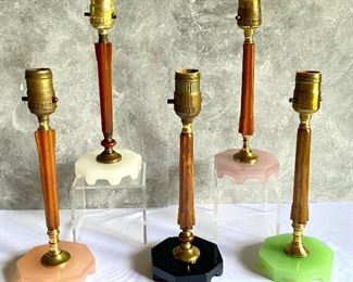 Five Vintage Houze Lamps with Bakelite Posts. These lamps all have matching bases in a variety of beautiful colors and each measures 12" h and does NOT have electrical components. 