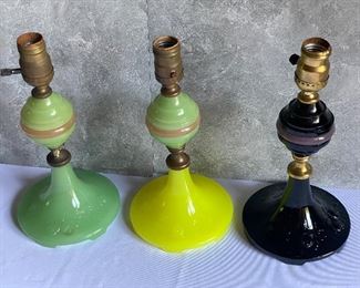 Set of Vintage Art Deco Houze Glass Lamps in a different colors including a black one which is a rare color and has the Houze label on the bottom. One features uranium glass on the bottom. All do not have the electric component. 