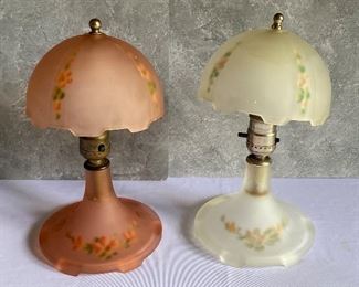 Set of Three Vintage Art Deco Houze Glass Table Lamps includes a yellow swirl design lamp, nile green, and a coralex (soft pink) lamp.  Each measures 12" and does NOT have the electric component. The nile green lamp has a small chip. 