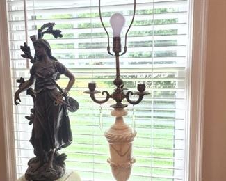 Cast metal and marble french clock and alabaster lamp