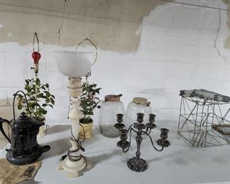 Primitives and Silver plated candelabra 