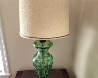Green cut clear art glass lamp with original finial Pre War