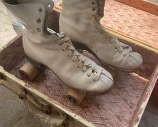 Pair of Vintage Wooden Wheel Roller Skates with Carrying Case