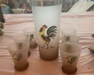 Vintage 1960’s Hand Painted Rooster on Frosted Glass Cocktail Shacker Nd 6 Small Glasses/Shot Glasses.  This Set is When Frosted Glass Was First Developed
