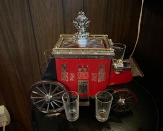 Super Cool Rare Stage Coach Music Box Holds Decanter and Shot Glasses