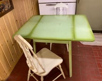 Green Drop Leaf Table & 2 White Wood Chairs