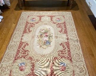 Needlepoint rug, long Italian carved bench
