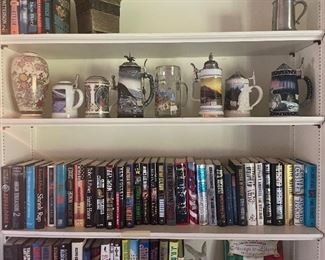 Collection of German beer steins, lots of books