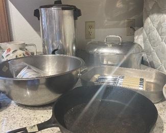 Griswold cast iron skillet, aluminum roaster