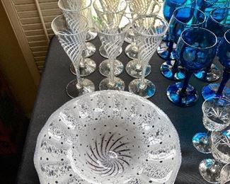 Hand blown art glass bowl and glasses by local artist Cam Langely
