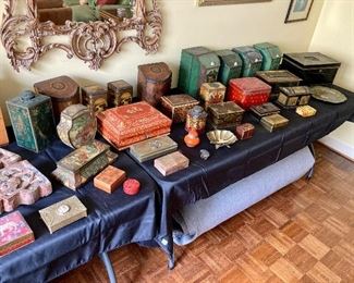 Large collection of antique english biscuit and tea tins