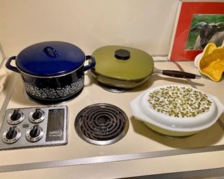 Scandi blue pot, Catherine Holm green skillet, and Pyrex