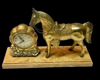 ANTIQUE “UNITED” CLOCK W/HORSE FIGURE AND BAKE-LITE BASE