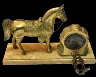 ANTIQUE “UNITED” CLOCK W/HORSE FIGURE AND BAKE-LITE BASE