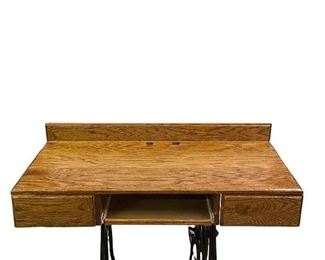 REPURPOSED ANTIQUE SEWING MACHINE BASE WITH HAND-CRAFTED COMPUTER DESK TOP