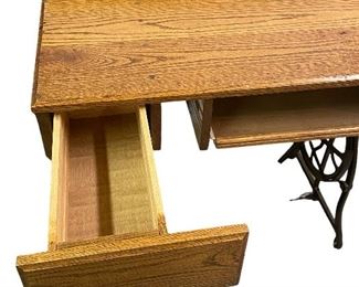 REPURPOSED ANTIQUE SEWING MACHINE BASE WITH HAND-CRAFTED COMPUTER DESK TOP