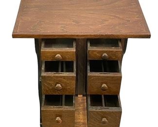 REPURPOSED ANTIQUE SEWING MACHINE BASE WITH DRAWER TOWERS AND TABLE TOP