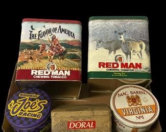 TRAY LOT OF TOBACCO ADVERTISING TINS & MATCHES