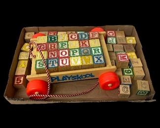 BOX LOT LETTER BLOCKS AND PALYSKOOL WAGON