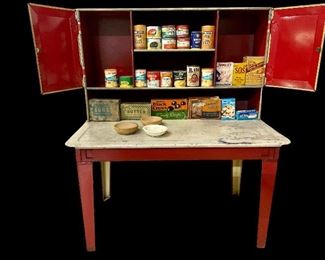 VINTAGE/ANTIQUE WOLVERINE TOYS KITECHEN (HOOSIER CABINET) W/ACCESSORIES