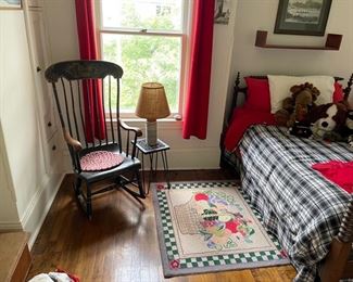 Antique Spindle Bed, Rocking chair, nautical (coiled rope) themed lamp, hooked rug, and more...