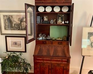 Mahogany secretary with glass doors, vintage blotter set, antique Raggedy Ann book, glass scrolled bookends and more...