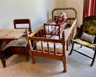 "Grand Children Spoiled Here" pillow and vintage/antique children's items