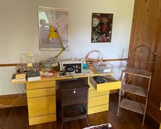 Kenmore sewing machine, table, sewing supplies, sewing basket, and more...