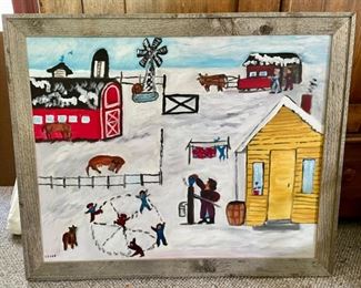 "Priming the Pump" by Renowned Folk Artist Emily Lunde. Ms. Lunde is known for documenting the Scandinavian experience in the Red River Valley of North Dakota. Three of her works are at the American Folk Art Museum in NYC.